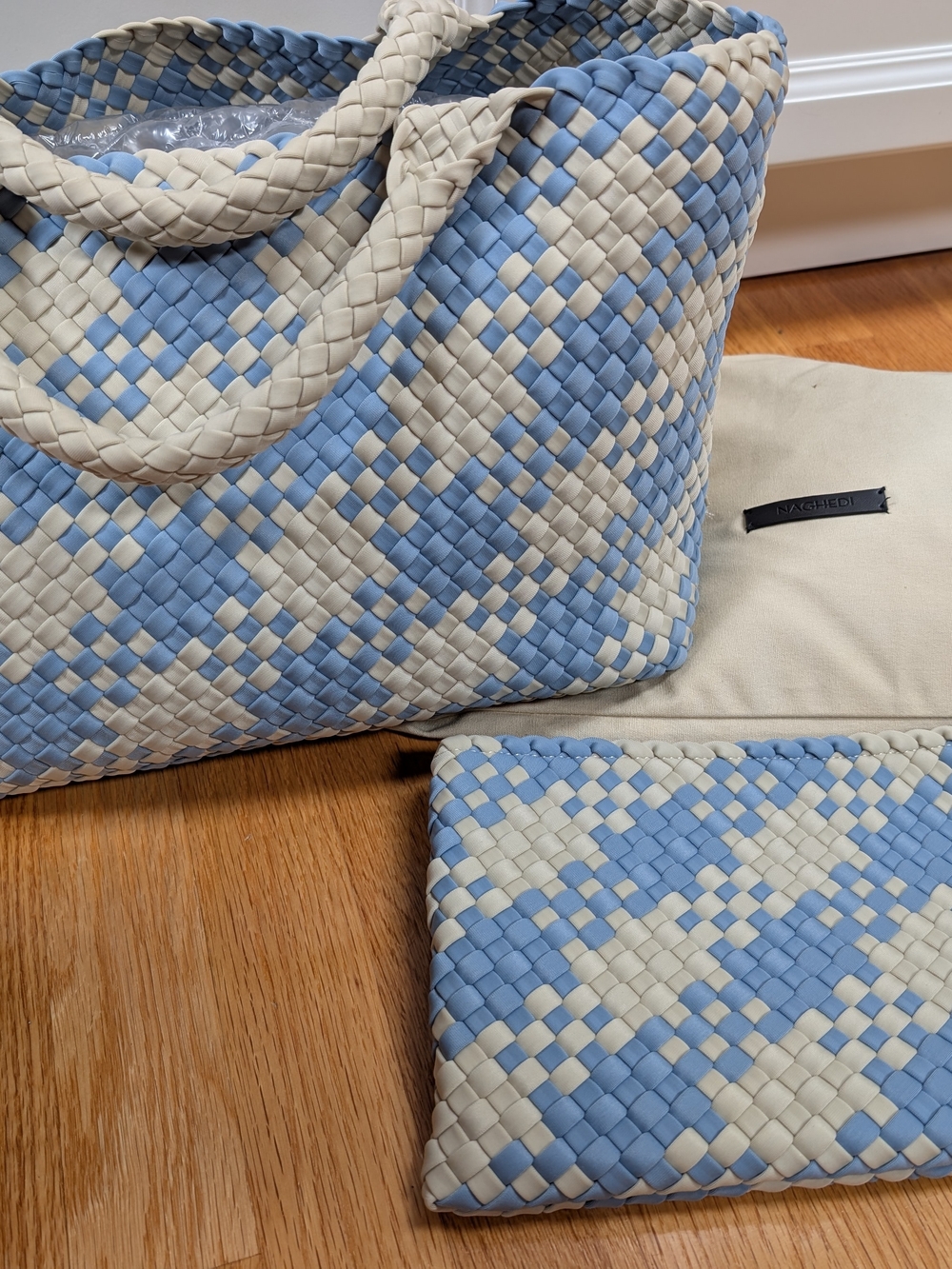 Naghedi St. Barths Medium Woven Blue and Cream Tote Bag with Matching Pouch